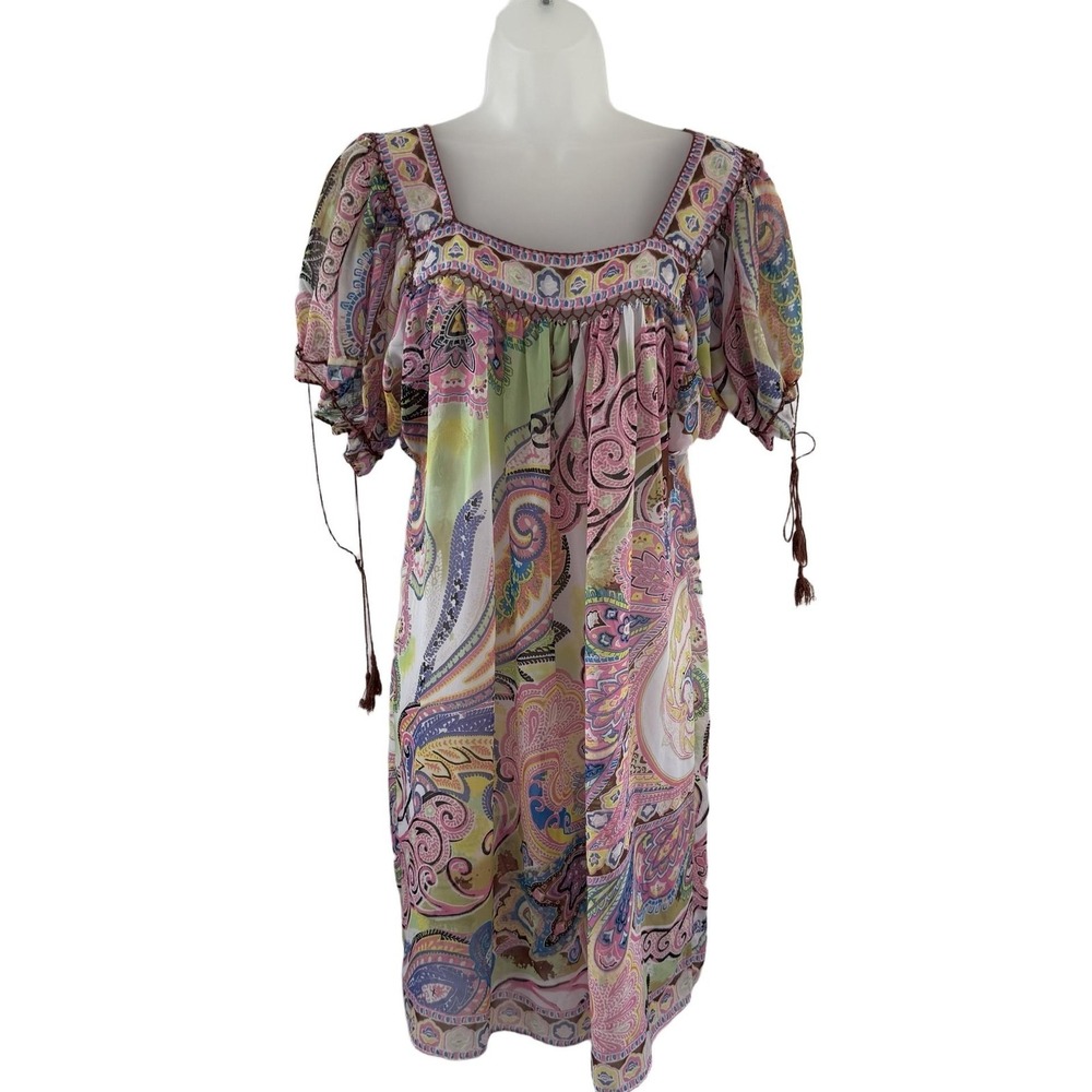 Vintage Y2K Paisley Boho Peasant Dress Cottagecore Festival Mini Coverup Silky